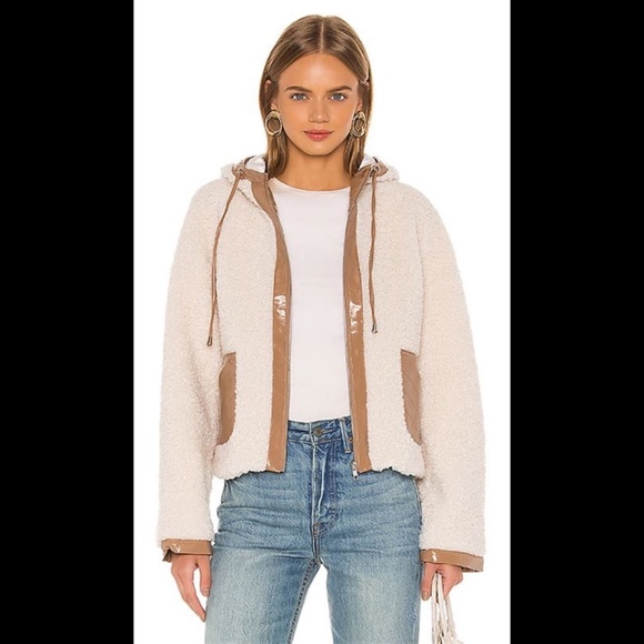 Lovers + Friends Ziggy‎ Sherpa Fleece Jacket Faux Leather Trim Hooded Size Small - Picture 1 of 7
